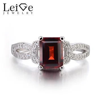 

Leige Jewelry Natural Garnet Rings for Women 925 Sterling Silver Jewelry Wedding Engagement Ring Emerald Cut Red Gemstone