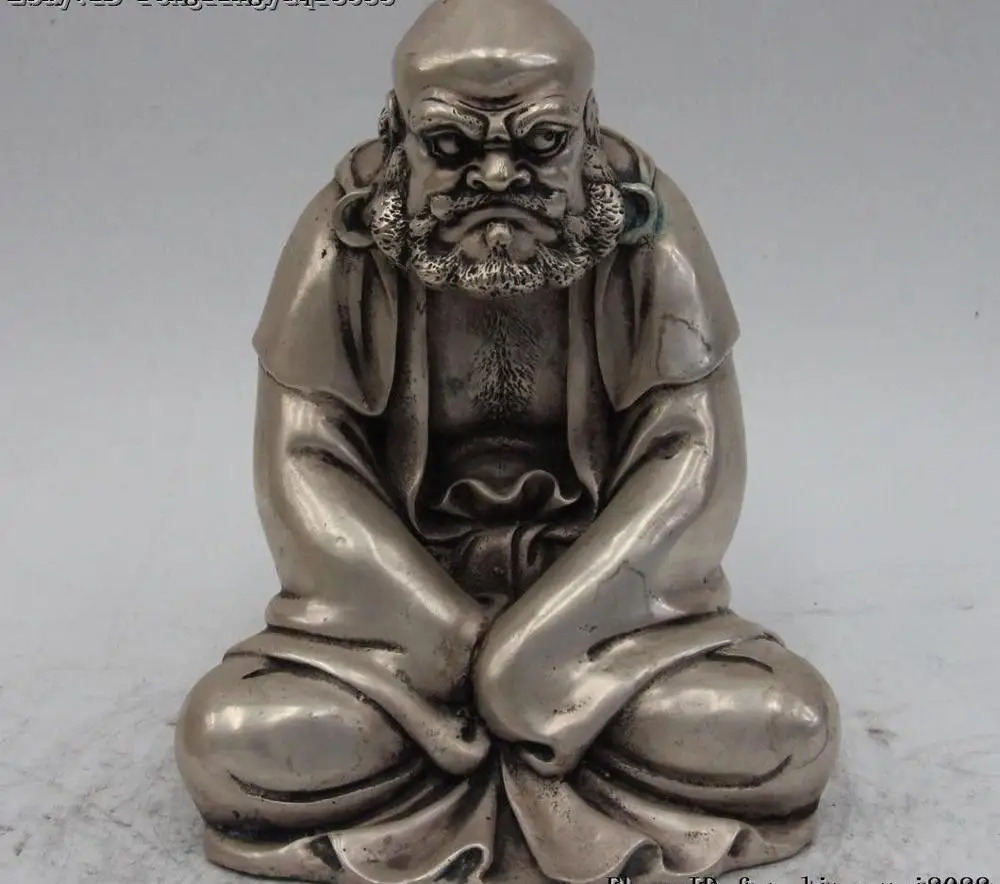 

8" Tibet Buddhism White Bronze Silver GIlt Damo Bodhidharma Dharma Arhat Statue
