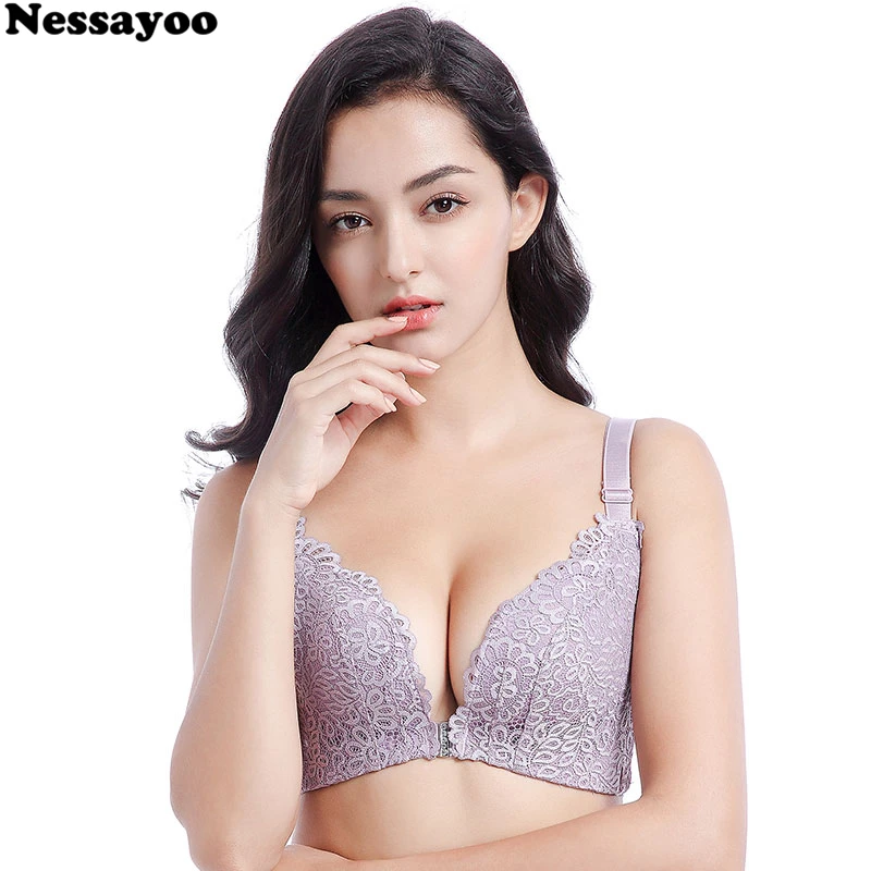 

Front Closure Deep V Push Up Floral Sexy Lace Bra 95CD Floral Lace Bralette Underwear Sexy Lingerie Seamless Wireless Padded Bra