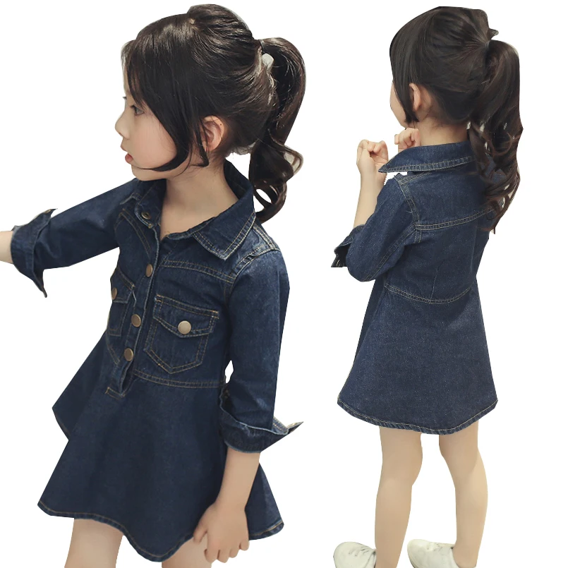 

Kids Dresses For Girls Clothing Children Denim Dresses Long Sleeve Turn-Down Collar Shirts 2 4 6 8 10 12Years 2017 Brand Clothes