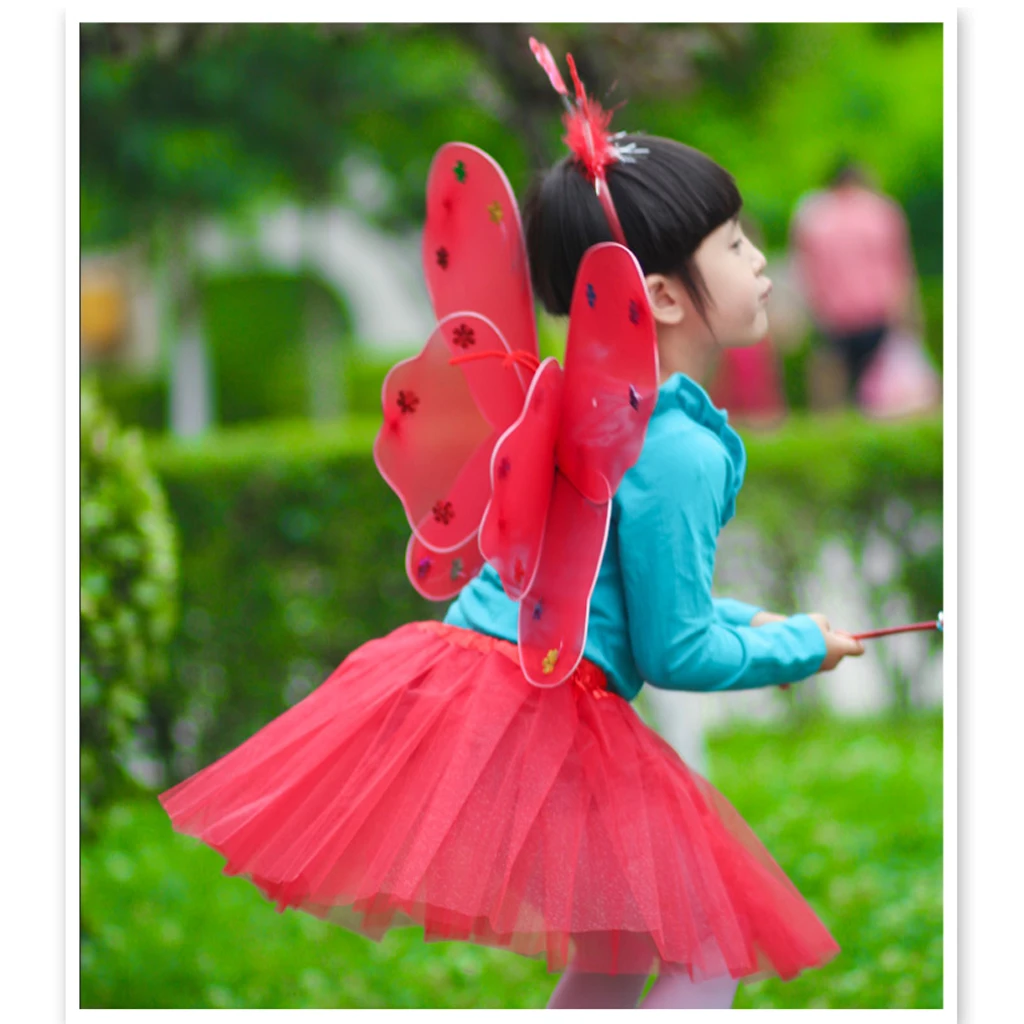 3 x Kids girls Fairy Princess Costume Sets Colorful Stage Wear Butterfly Wings Wand Headband Tutu Skirt Accessory Multi Color 