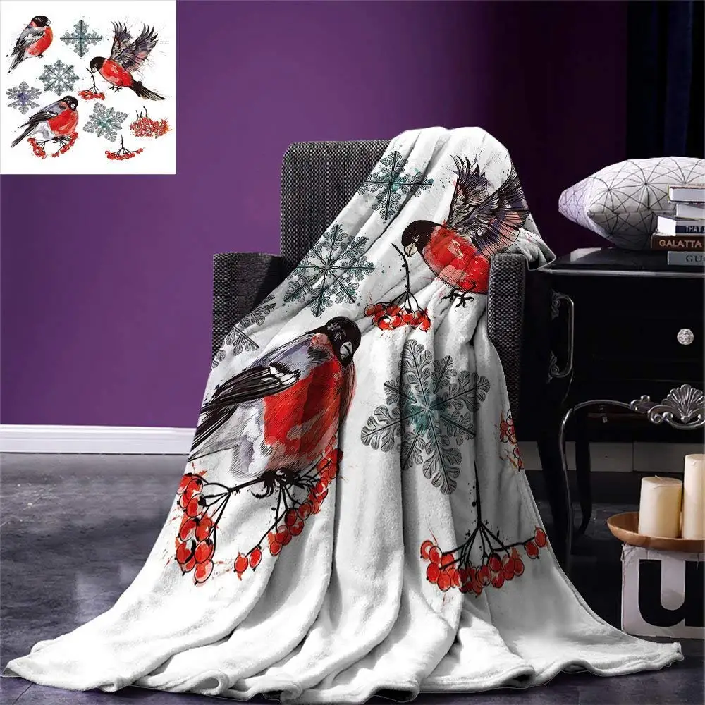 

Rowan Throw Blanket Christmas Collection of Bullfinch Birds Snowflakes Rowan in Watercolor Style Fleece Blankets for Beds