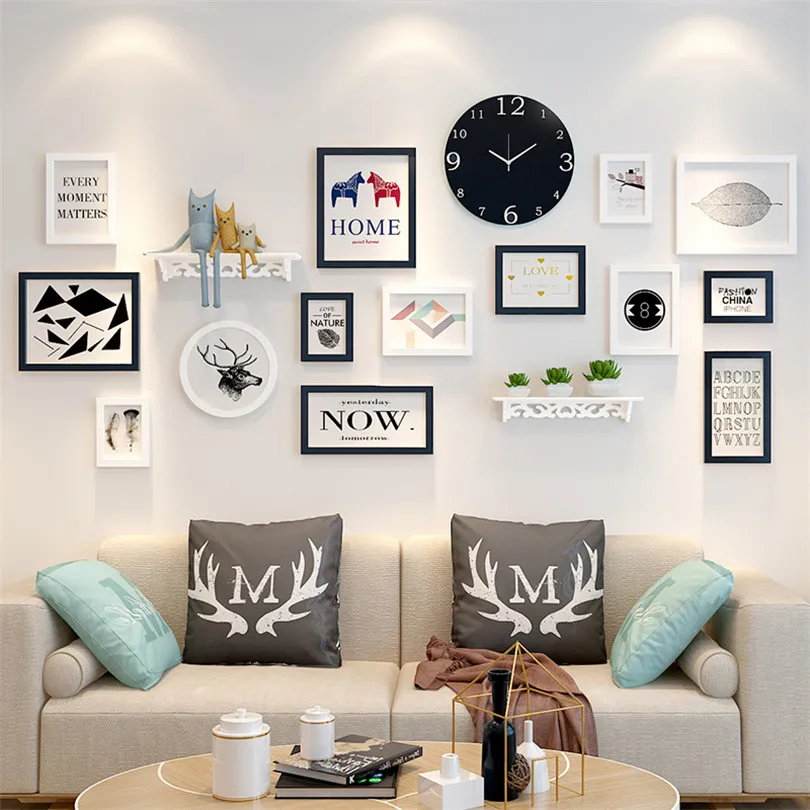

Wooden Photo Frame Set Wall Decor 14pcs Picture Frames+Clock+Shelf Creative Combination Picture Frames Set Porta Retrato Moldura