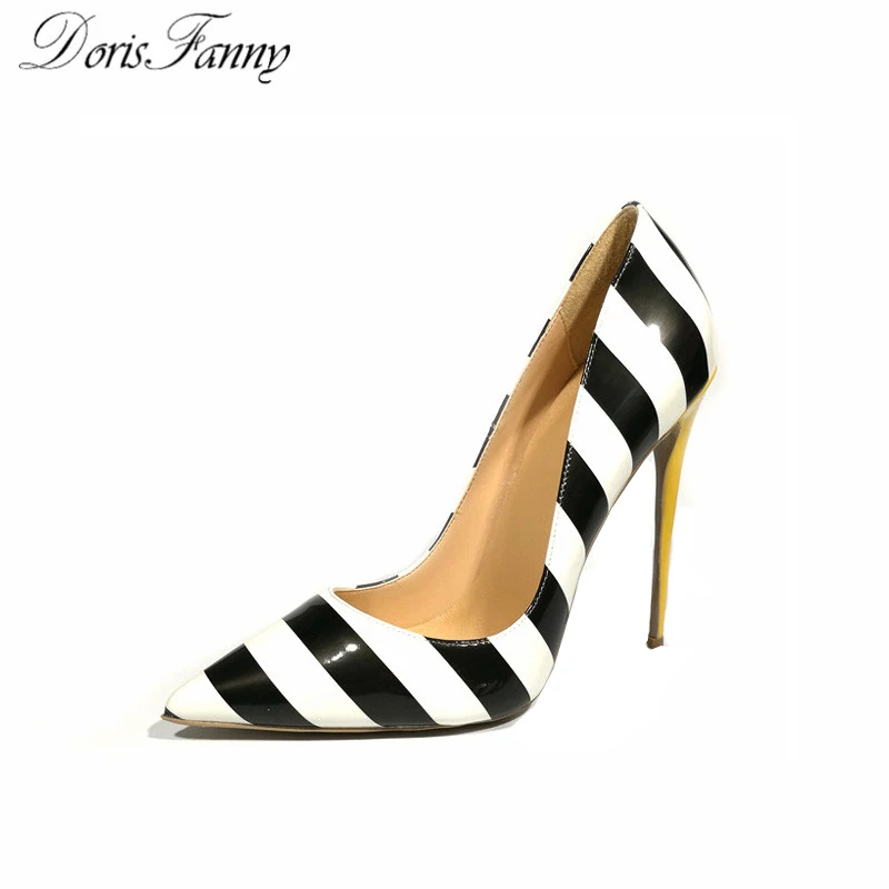 DorisFanny Genuine Patent Leather white black yellow sexy high heels