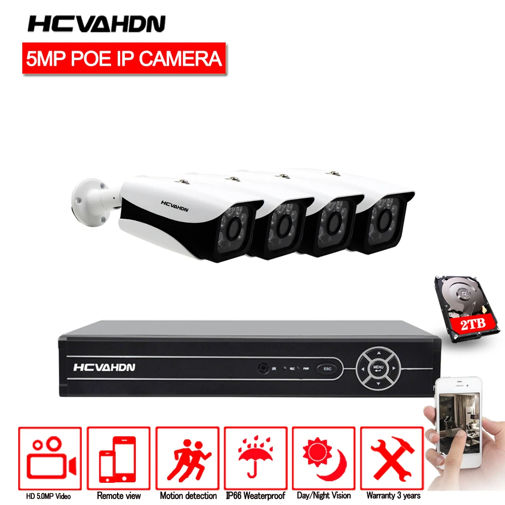 

HCVAHDN 5MP 48V H.265 8CH POE NVR System POE NVR With 4pcs 5MP Onvif POE IP Security CCTV Camera Night Vision Waterproof Camera