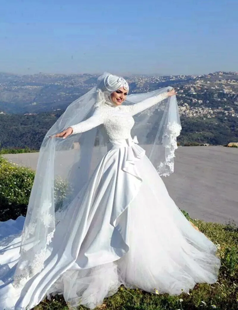 Мусульманское свадебное платье с длинным рукавом с хиджабом и вуалью с высоким воротом, цветное свадебное платье с длинным шлейфом