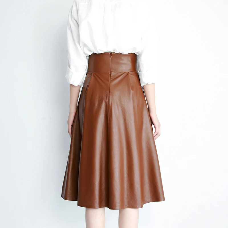 RY8312 женская зимняя натуральная кожа кнопка карманы Высокая талия зонтик юбка леди сладкий Saia 70 см длинная молния большая задница коричневый Jupe