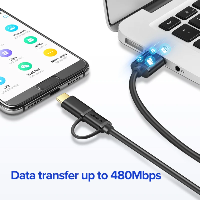 Ugreen usb type-C кабель для samsung Galaxy S10 S9 Plus 2 в 1 быстрая зарядка Micro USB кабель для Xiaomi Tablet Android USB кабель