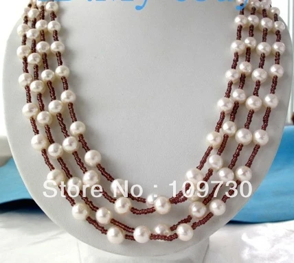 

Jewelry 002342 Luster 4 Strands 9mm White Round Freshwater Pearl&Wine Red Glass Necklace