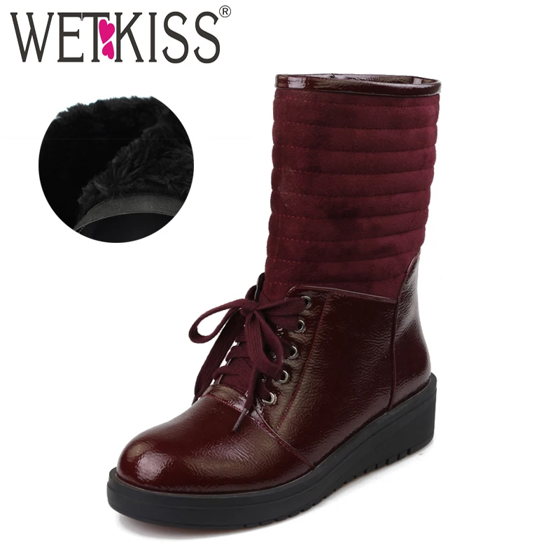 WETKISS Winter Women Mid Calf Boots Pu Cross Tied Footwear Warm Thick Plush Female Snow Boot Round Toe Platform Shoes Woman 2018 цена WETKISS Winter Women Mid Calf Boots Pu Cross Tied Footwear Warm Thick Plush Female Snow Boot Round Toe Platform Shoes Woman 2018 цены онлайн