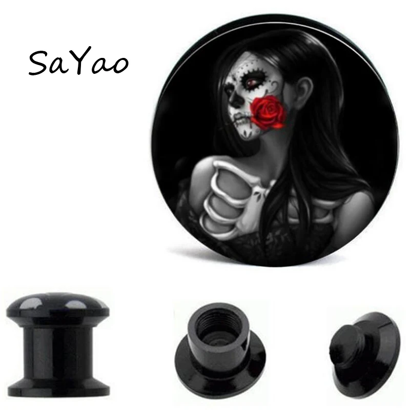 

SaYao 2 Piece Ear Plug Acrylic Skull Rose Flower Flesh Tunnels Plugs Ear Plug Ear Gauges Expander Stretcher