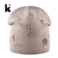 Winter Knitted Hats For Women New Fashion Beanie With Cute Rhinestone Pearls Cats High Quality Cap Ladies Knit Skullies Bonnet 1