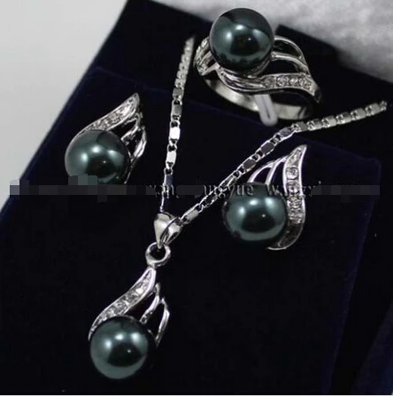 

Free shipping Black South sea Shell Pearl Earrings Ring & Necklace Pendant Set^^^@^Noble style Natural