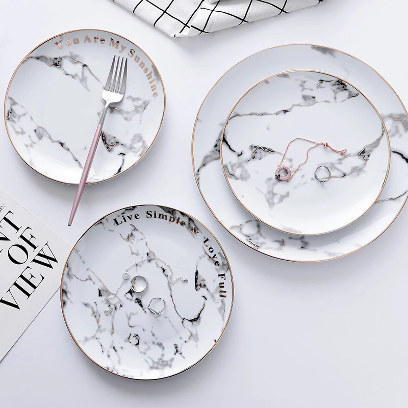 High Quality Marble Texture Ceramic Round Food Plates 8 inch 10 inch