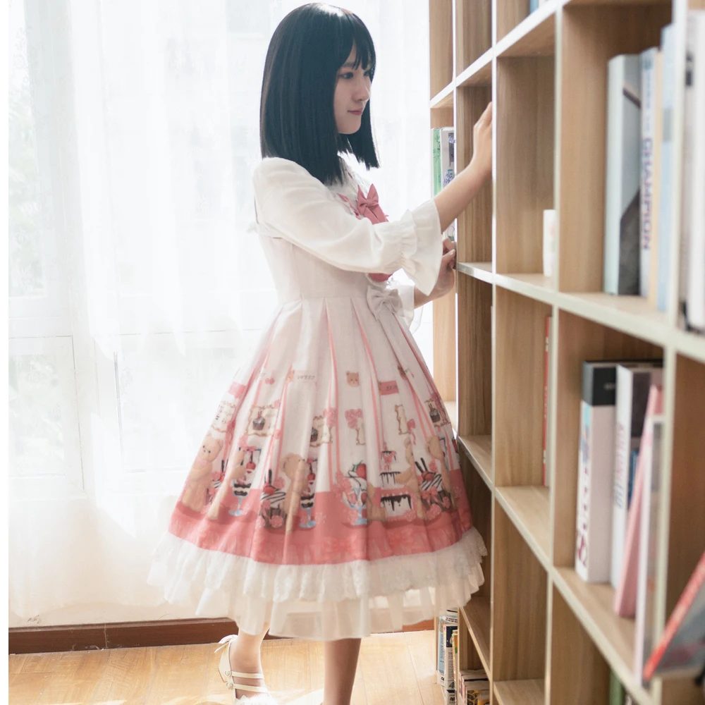 

Sweet Lolita Dress Girls Princess Maid Vintage Gothic Printed Patterns Lace White Short sleeve two-piece set