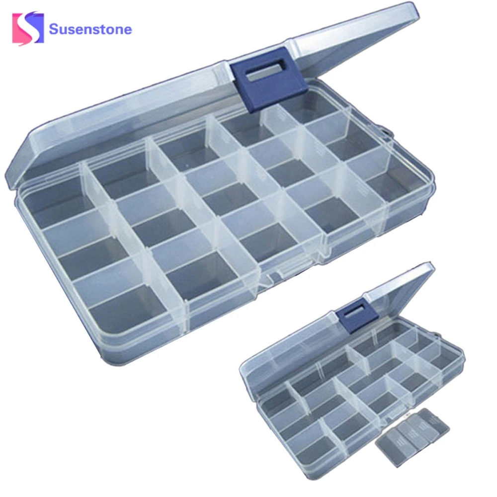 

susenstone 15 Slots Adjustable Jewelry Tool Box Beads Organizer Storage Box Case transparent Plastic Fishing Lure Hook Box #30