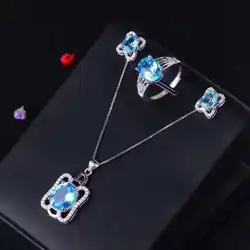 Природный Голубой Топаз Gem Jewelry комплекты природных драгоценных камней кольцо кулон Серьги 925 серебро Личность Большой площади женщины Fine