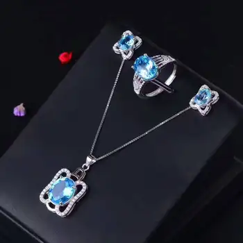 

Natural blue topaz gem jewelry sets natural gemstone ring Pendant Earrings 925 silver Personality big Square women fine jewelry