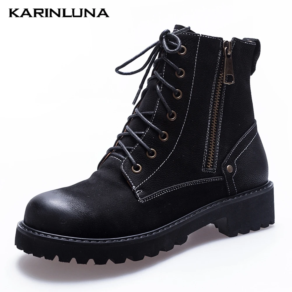 

Genuine Cow Leather Ankle Boots Women Shoes Western Boots Shoelaces Platform Chunky Heels Zipper Shoes Woman Boots Footwear