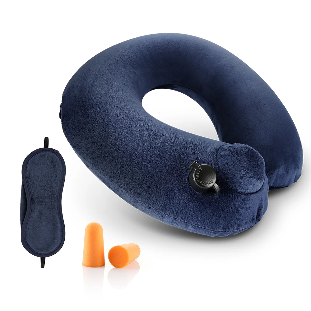 COZZINE Inflatable Neck Pillow Blindfold Pair of Earplug Modern U