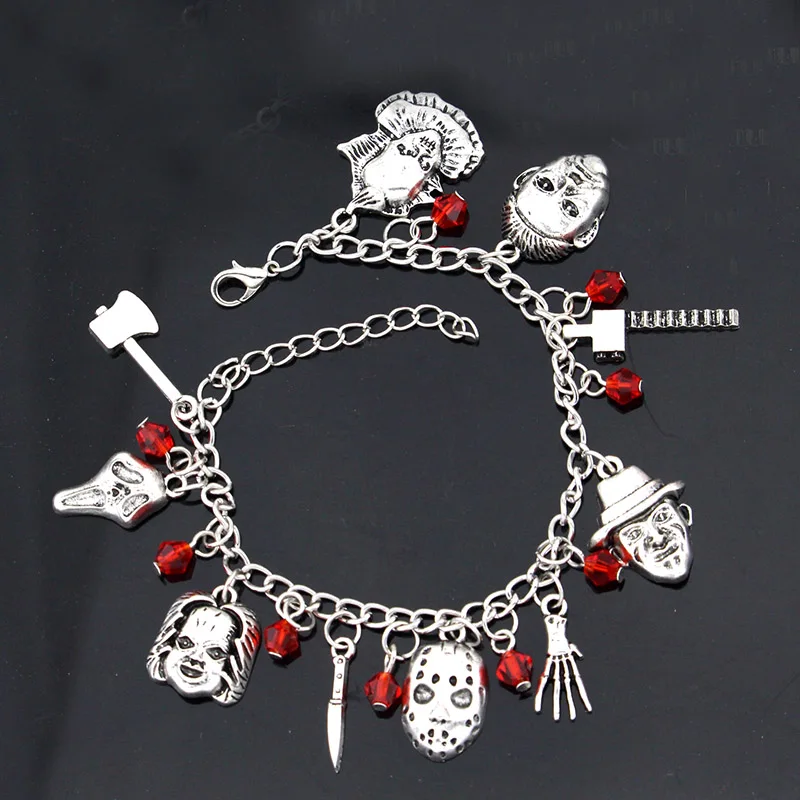 

Chucky Face Stephen Kings IT Penny Wise Jason Hockey Horror charm bracelet