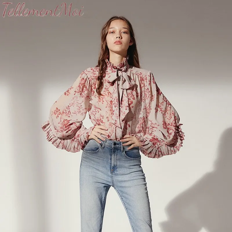 

Holiday Print Tops Female Bowknot Lace Up Turtleneck Lantern Long Sleeve Shirts Blouse Blusas Mujer Women 2019 Spring Fashion