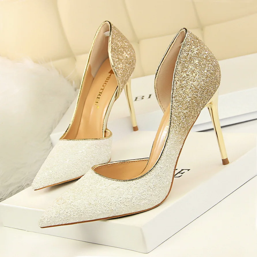 

Brand New 2018 Fashion Sexy Night Club Party Shoes Pointed Toe Bling Sequined Cloth High Heel Shoes Women's Pumps For Ladies