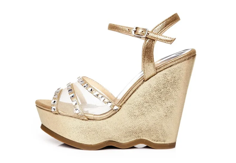 31_2016 Summer Fashion Elegant Footwear Peep Toe Black High Heeled Platform Sandals Silver Diamond Wedges Shoes Women Small Size