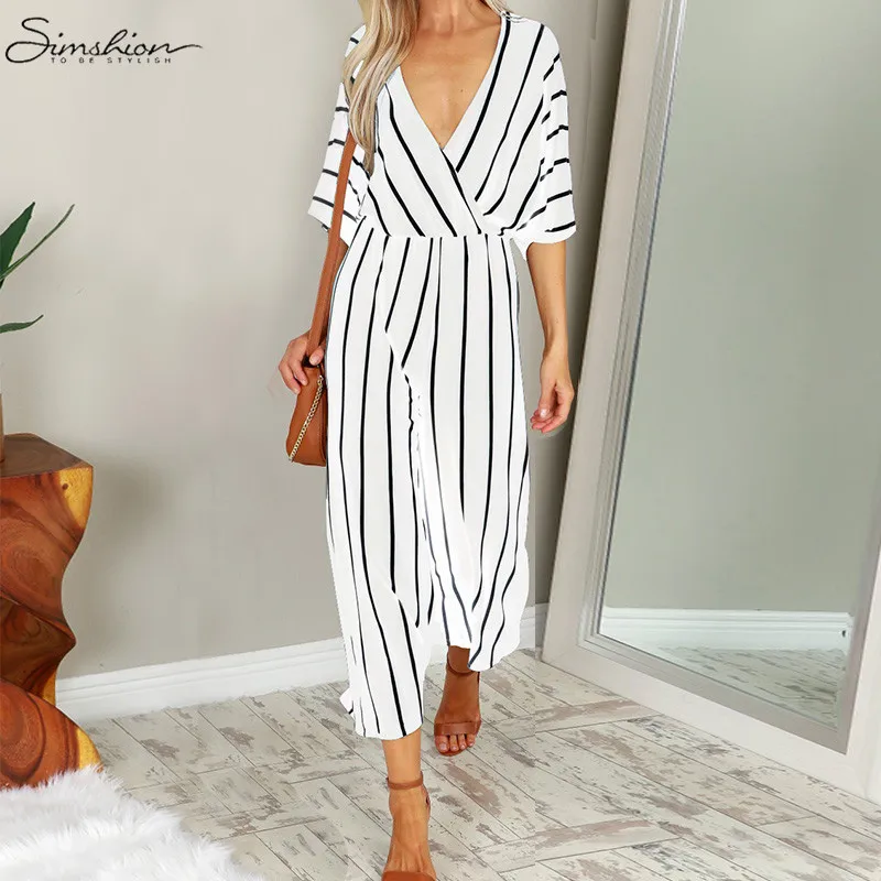 Fashion Women Wide Leg Jumpsuit 2018 Summer Casual Pant V-neck Short Sleeve Striped Romper Trouser Office Long Playsuit Bodysuit