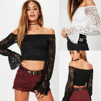 

Hollowed-out shirt with open shoulder and back Bell Sleeve lace shirt women shirts