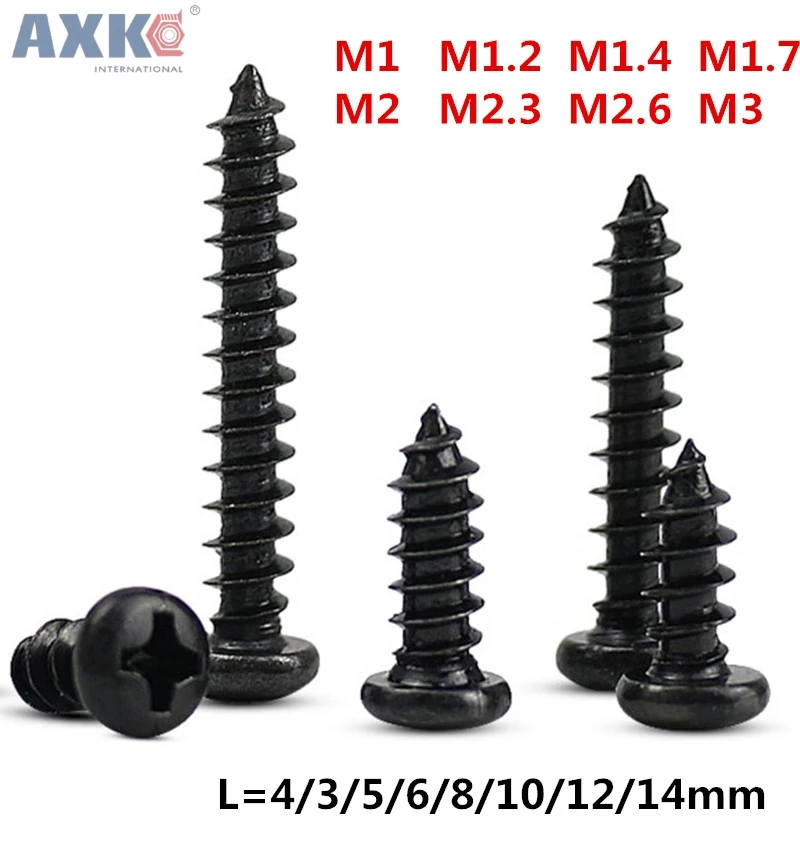 AXK 1000 шт самонарезающие винты головкой черный M1 M1.2 M1.4 M1.7 M2 M2.3 M2.6 M3 Компьютерные
