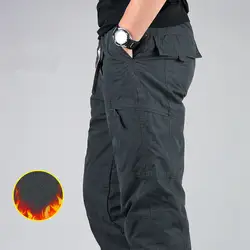 Зимние двойной слои для мужчин утолщаются штаны-карго Теплые Мешковатые флисовые брюки для девочек хлопковые мотобрюки Мужчин Армия военн
