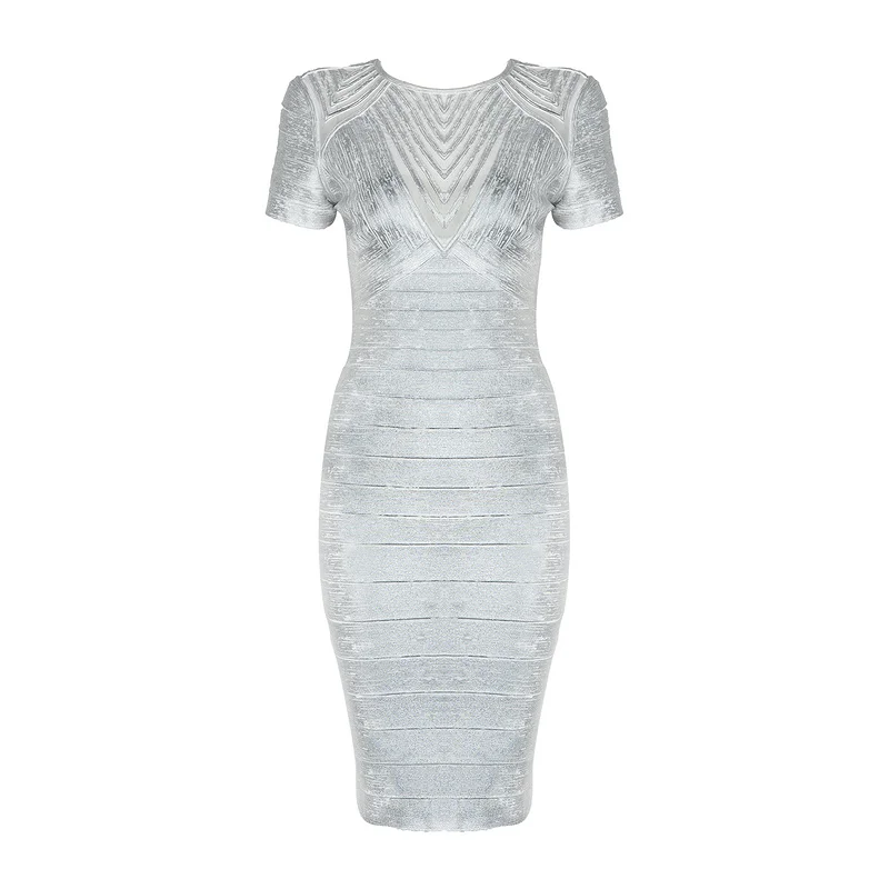 

Womem Sexy Short Sleeve Mesh Bronzing Silver Bandage Dress 2018 Ladies Elegant Designer Bodycon Bandage Dress