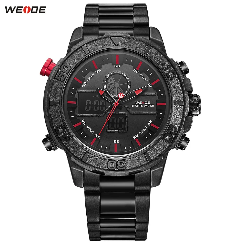 

2018 Fashion WEIDE Black Red Men Watch Functional Sport Watch Men Digital Quartz Steel Band Waterproof Wristwatch Male Relogios