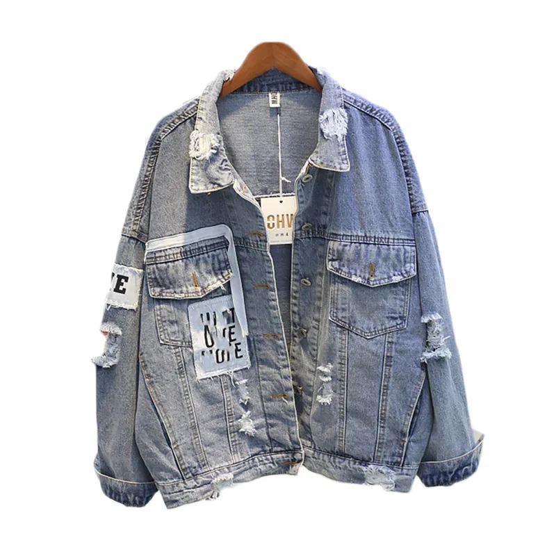 

Long Sleeve Spring Autunmn Women Denim Jacket Plus Size Clothing Letter Printed Jeans Jacket Patch Designs Female Jacket