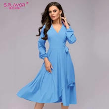 S. SABOR Outono A-line vestidos Elegante longo lanterna manga Com Decote Em V sexy meados bezerro vestido ocasional Das Mulheres vestido de fundo de cor sólida