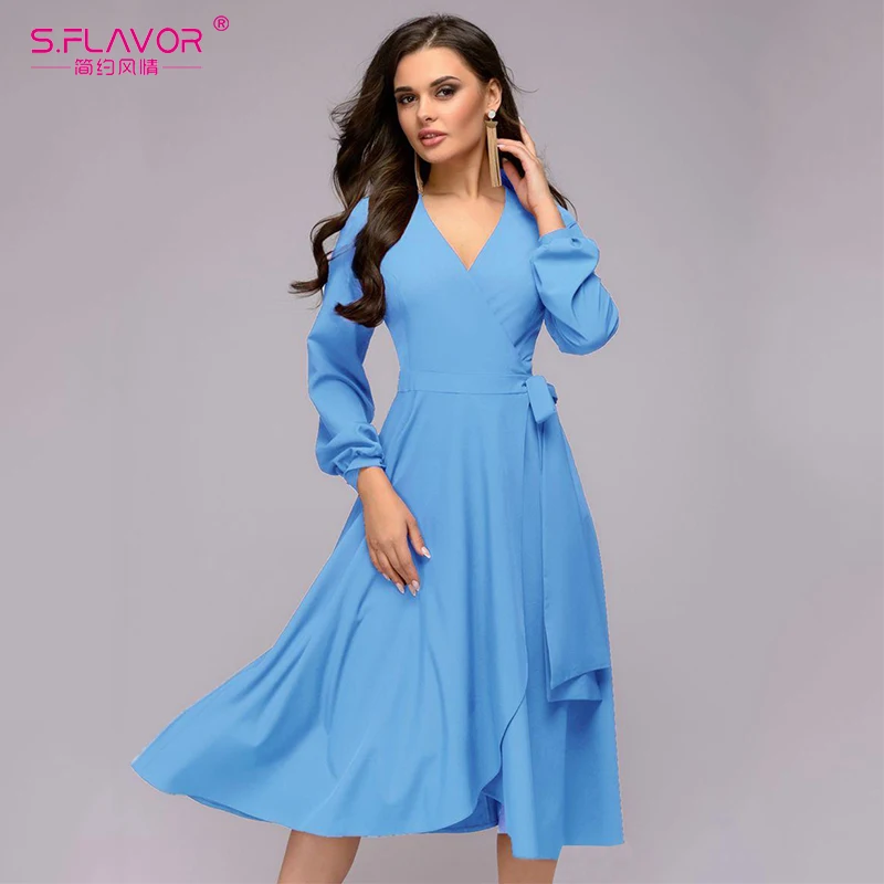 S. FLAVOR однотонное женское платье трапециевидной формы элегантное приталенное с v