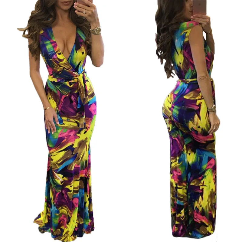 Deep V neck Elegant Women Summer Dress Sleeveless Female Long Dresses ...