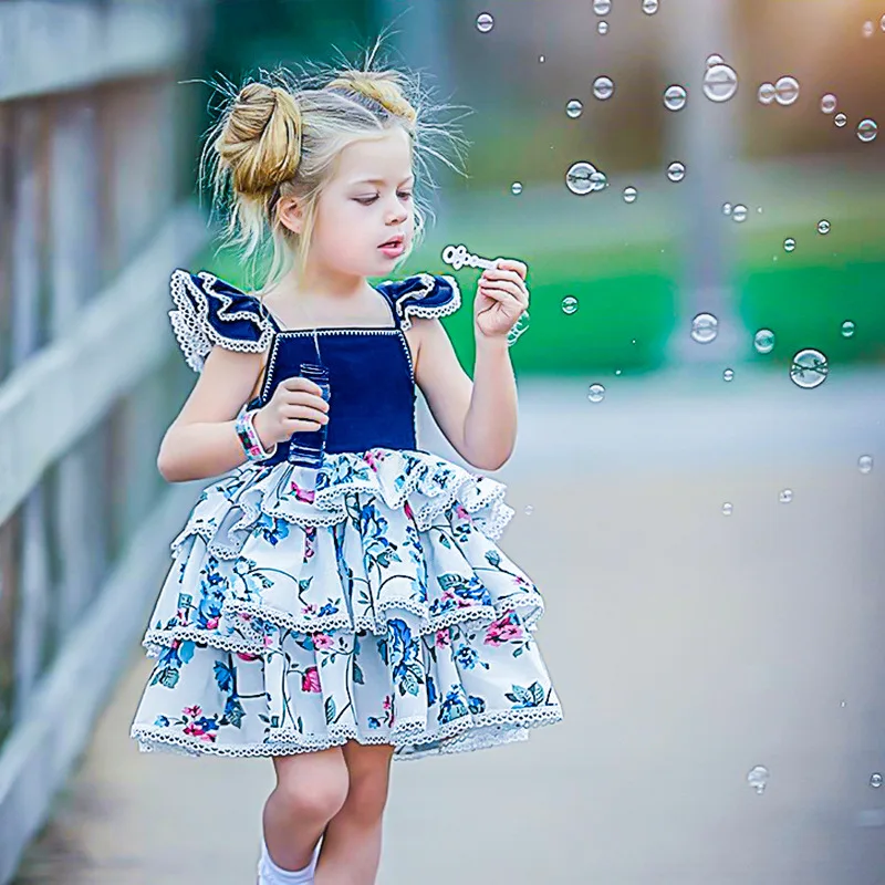 

European& American Style Cotton Printed Sleeveless Dresses for Baby Girls Summer Princess Dress Tibetan Blue A-line Sling Dress