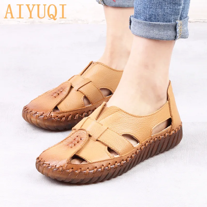 

AIYUQI Women's Sandals 2018 Summer Genuine Leather Gladiator Ladies Shoes. Leather Sandals Women Flats .Retro Style Mother Shoes