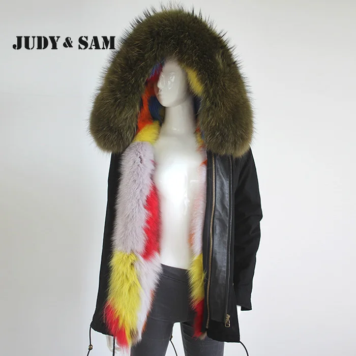 

Raccoon Fur Collar Hood Parka with Colorful Real Fox Fur Lining Winter Jacket Out Wear for Women Brand Fashion