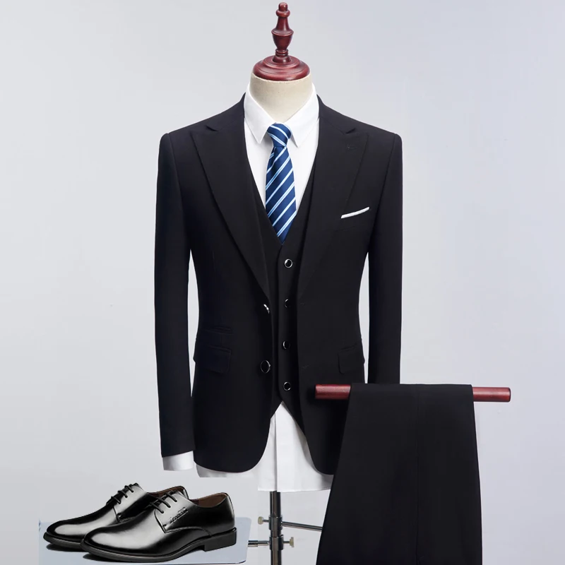

Loldeal Men 3 Pieces Two Buttons Luxury Suits Casual Slim Fit Jacket Pant Vest Classic Solid Color Luxury Big Size S-4XL Clothes