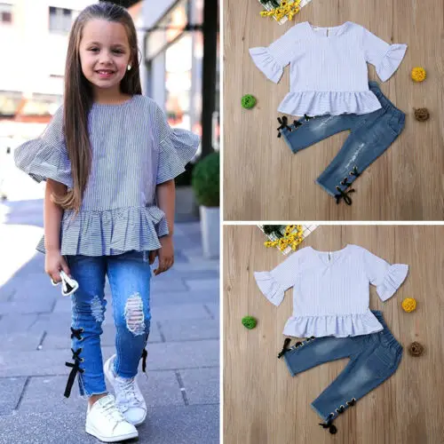 2pcs Toddler Kids Baby Girls Stripe Tops overalls Denim Jeans Clothes Outfits