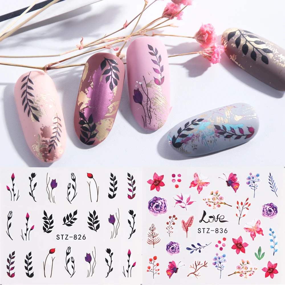 

1pcs Water Nail Stickers Decal Black Flowers Leaf Transfer Nail Art Decorations Slider Manicure Watermark Foil Tips LASTZ808-844