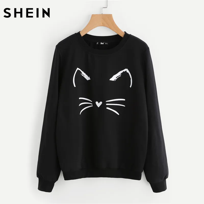 Shein الكرتون القط طباعة البلوز طويلة الأكمام عارضة النساء البلوفرات الأسود جولة الرقبة لطيف البلوز للنساء