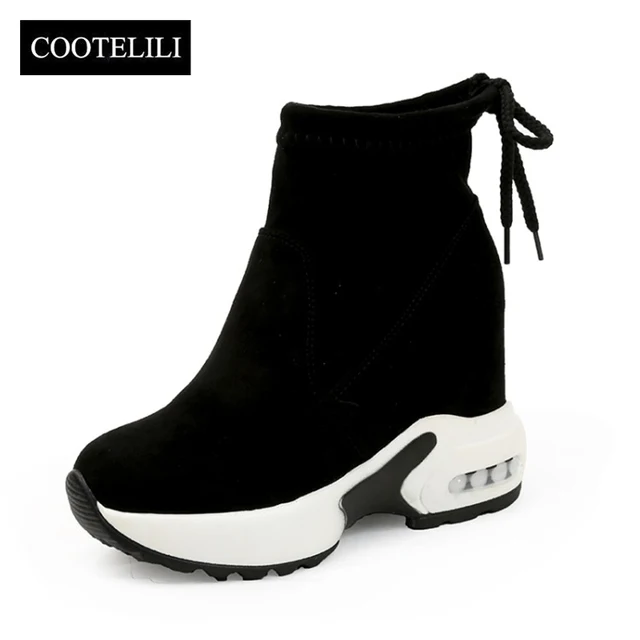 Best Offers COOTELILI Fashion Increasing Shoes Women High Heels Ankle Boots For Women Autumn Winter Rubber Boots Women Pumps Ladies 35-39