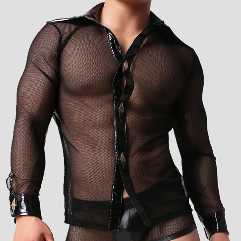

YEHAN Sexy Transparent Shirts Men Faux Leather Mesh Patchwork Men's Button Shirt Slim Fit Men Long Sleeve Shirt Club Night Wear
