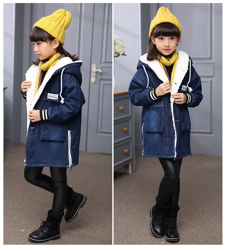 Модная Джинсовая куртка для девочек Детская плотная теплая куртка с капюшоном, верхняя одежда детское пальто на осень и зиму длинные джинсовые куртки для девочек возрастом от 6 до 16 лет