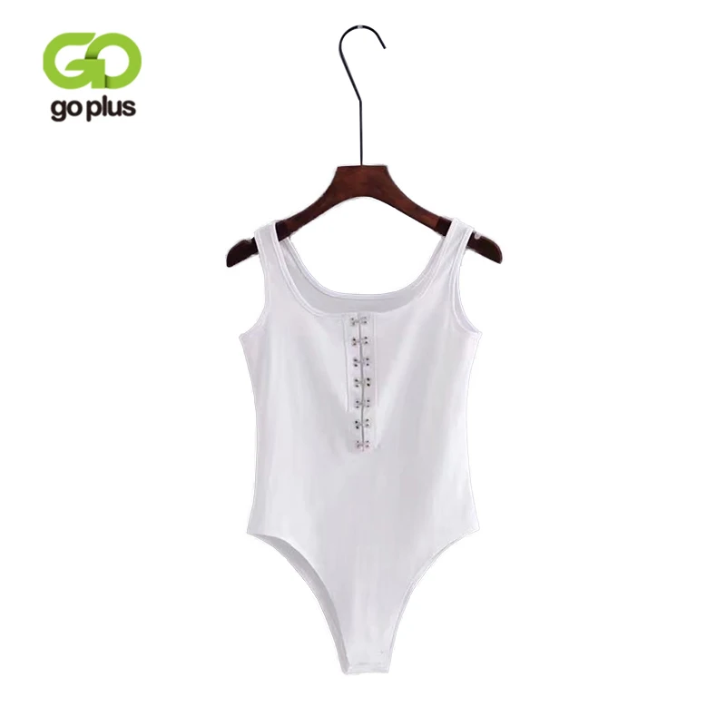 GOPLUS Sexy Sleeveless Button Black Bodysuits Womens Skinny White
