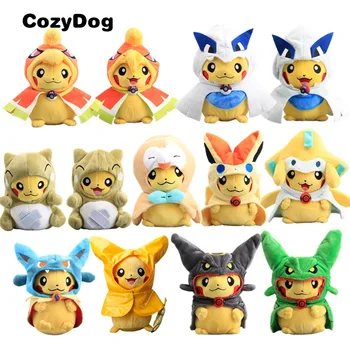 

Pikachu Costume Poncho Plush Dolls Soft Stuffed Animals Mega Ho-oh Lugia Lucario Rowlet Victini Rayquaza Toys for Children Gifts